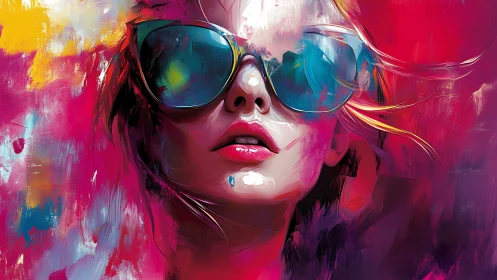 Vibrant portrait shows woman in sunglasses amid neon strokes