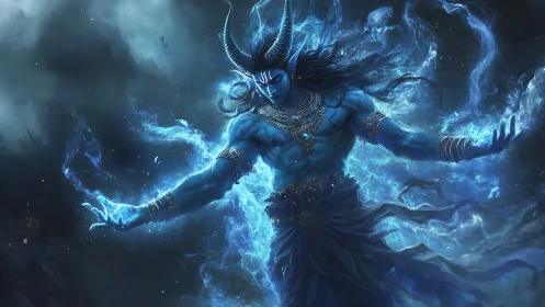 Stormbound blue demon lord conjuring ethereal flames.