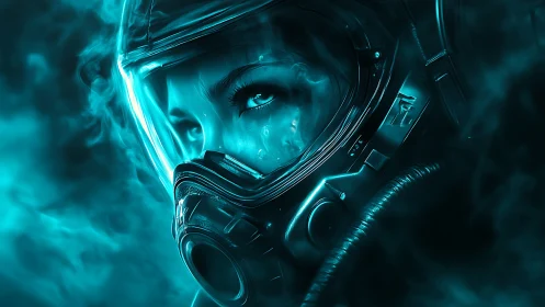 Woman in gas mask helmet framed by cyan toxic mist.