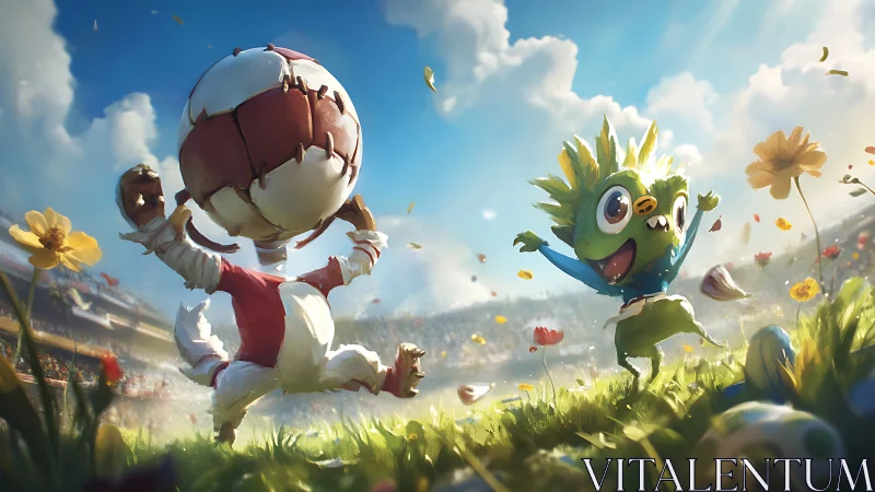 Exaggerated cartoon mascots celebrate soccer goal on sunlit field