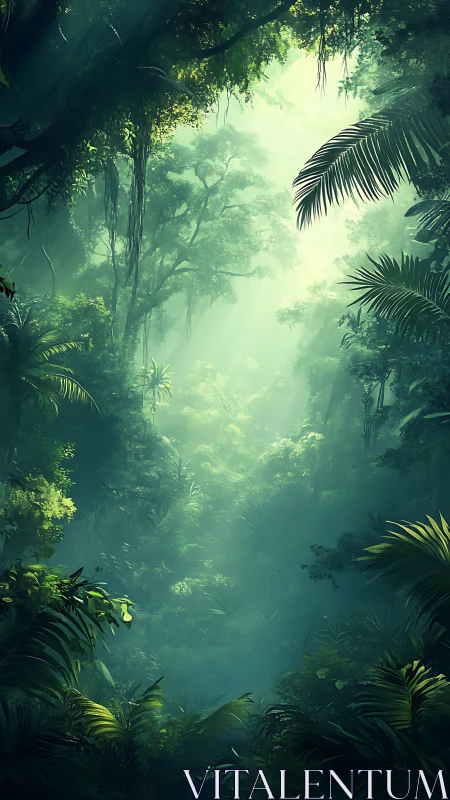 Tropical forest canopy with diffused light penetration through layered vegetation