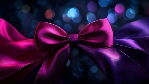 Pink and purple satin ribbon bow on dark bokeh background.