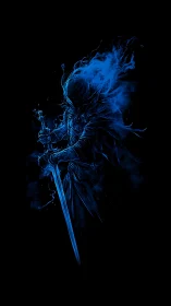 Spectral swordsman rendered in luminous blue vapor contours.