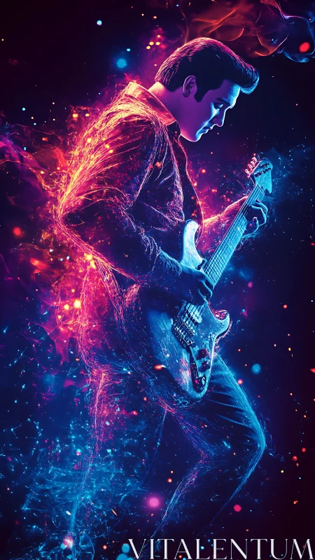 Neon electric guitarist in dual-tone particle bloom silhouette.