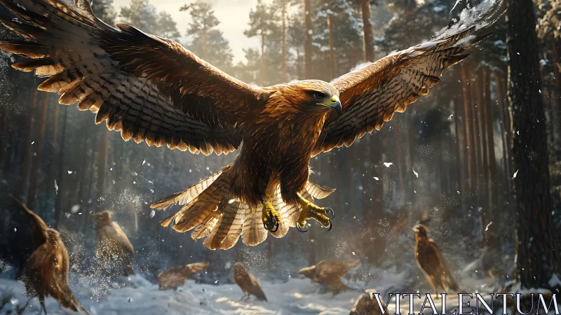 Majestic Golden Eagle Soaring Over Snowy Forest in Realistic Style.