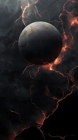 Dark spherical object over fractured molten surface.