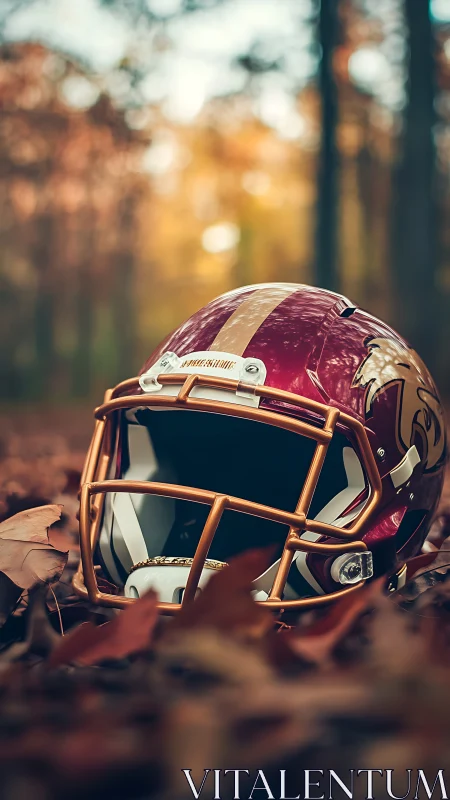 Autumn forest close-up of maroon football helmet in leaves.