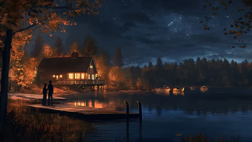 Lakeside cabin glows under crisp autumn night sky.