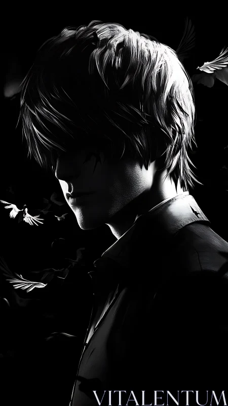 Brooding silhouette of young man amid luminous doves.