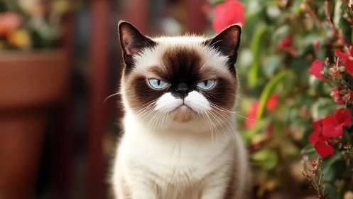 Blue-eyed Siamese cat with color-point coat displays characteristic feline expression in garden sett