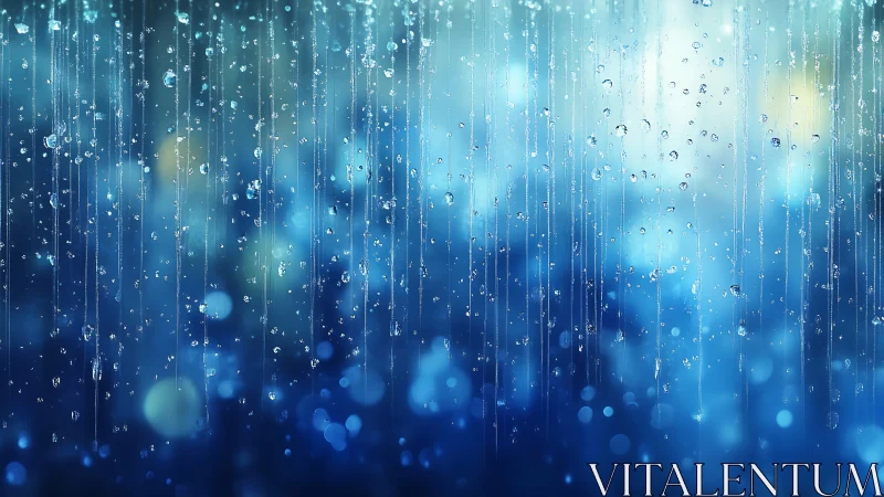 Shimmering blue rain curtain with luminous bokeh backdrop.