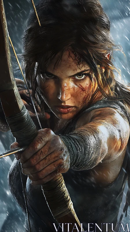 Battle-scarred archer in dynamic close-up under rainfall.