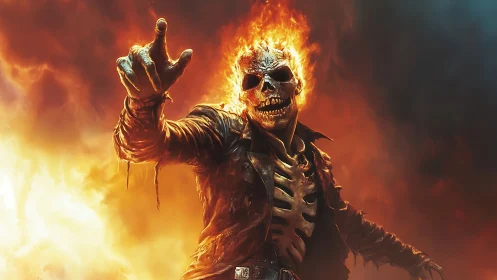 Flaming skeletal biker reaches forward amid dense fire plume