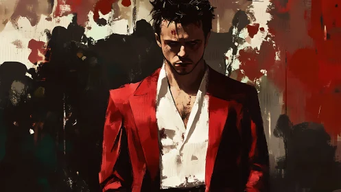 Male figure in red jacket before abstract red backdrop.