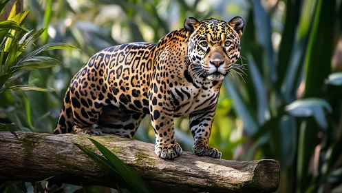 Golden-spotted jaguar stands calmly on a sunlit jungle log