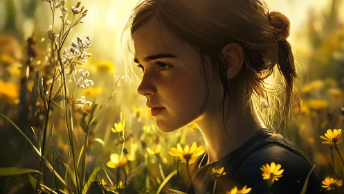 Teen girl profile in sunlit wildflower field at golden hour.