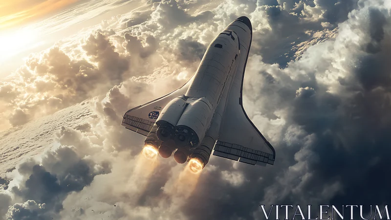 Orbital spaceplane ascending through dense cloud layer.