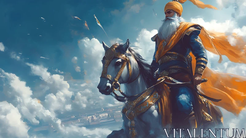 Sikh warrior on armored horse against dramatic sky clouds.