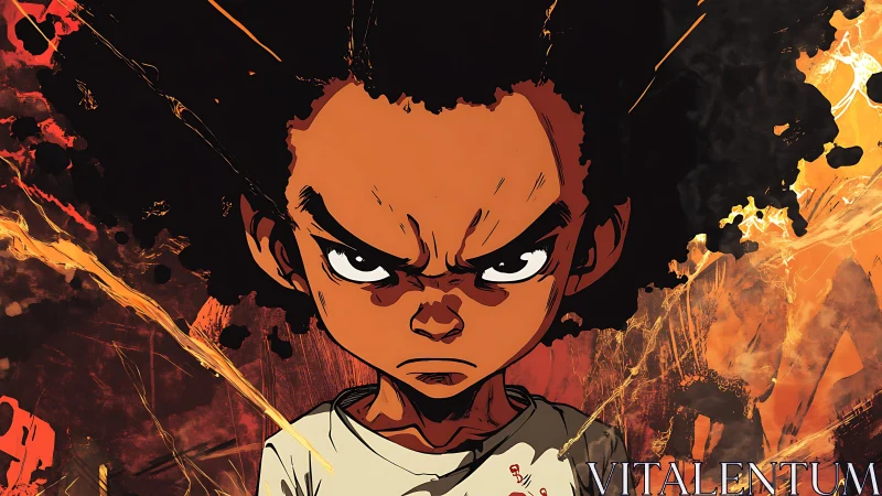 Defiant young hero glares amid fiery abstract chaos