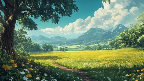 Sunlit alpine meadow with wildflowers, foothills and cumulus clouds
