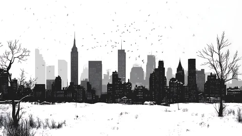 Monochrome winter city skyline contrasts stark urban geometry