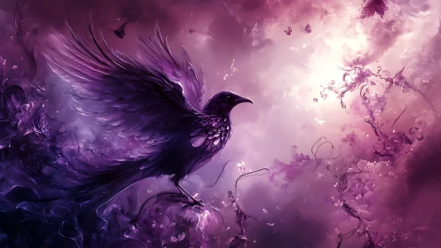 Iridescent violet raven in turbulent luminous nebular bloom.