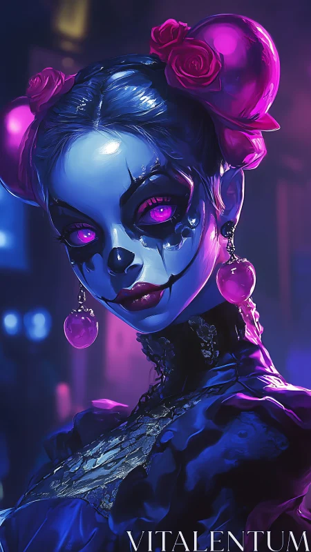 Cyberpunk porcelain-clown portrait in neon nightclub lighting.