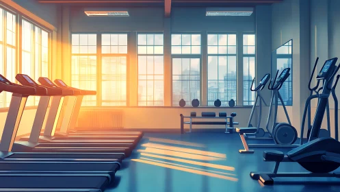 Sunlit gym interior with cardio equipment and long cast shadows