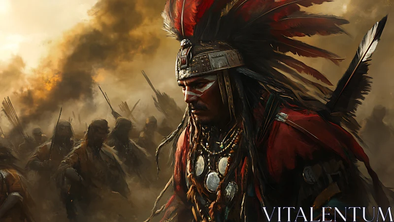 Indigenous warrior in feathered headdress before armed group.