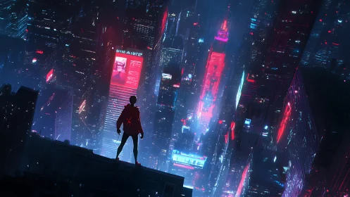 Silhouetted figure overlooking neon cyberpunk cityscape.