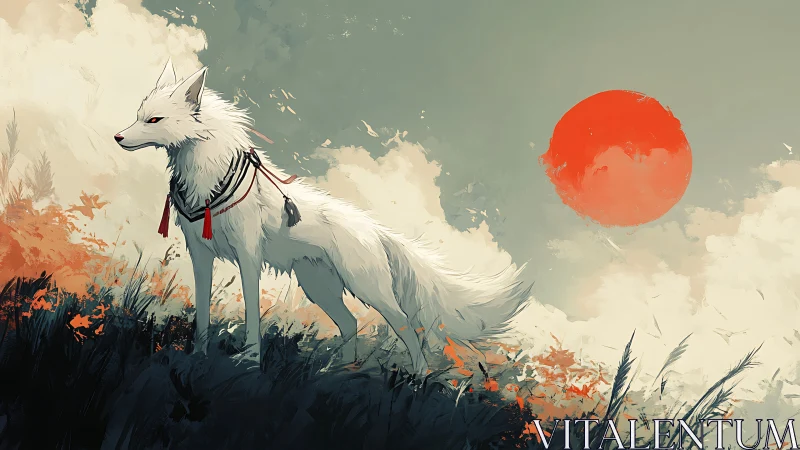 Spectral white fox sentinel under saturated vermilion sun.