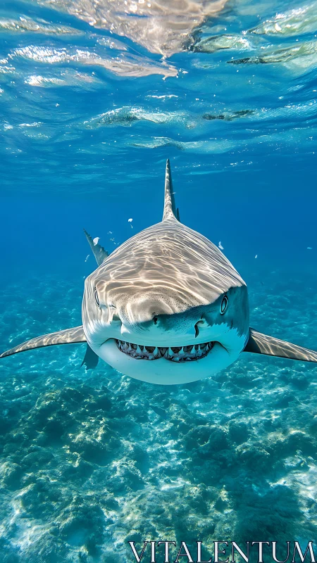 Curious reef shark cruises through rippling turquoise light.