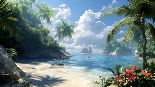 Tropical bay with palm-framed water, limestone cliffs, white sand beach.