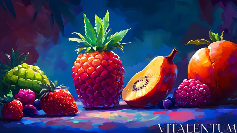 Luminous rainbow fruit still life glowing with juicy color.