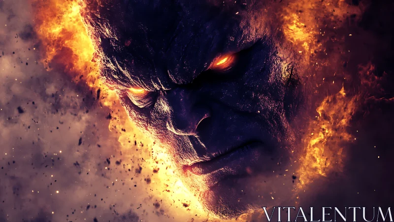 Volcanic infernal visage emerging through particulate firestorm.