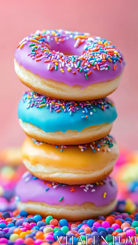 Stacked frosted donuts form a vibrant confectionery color study