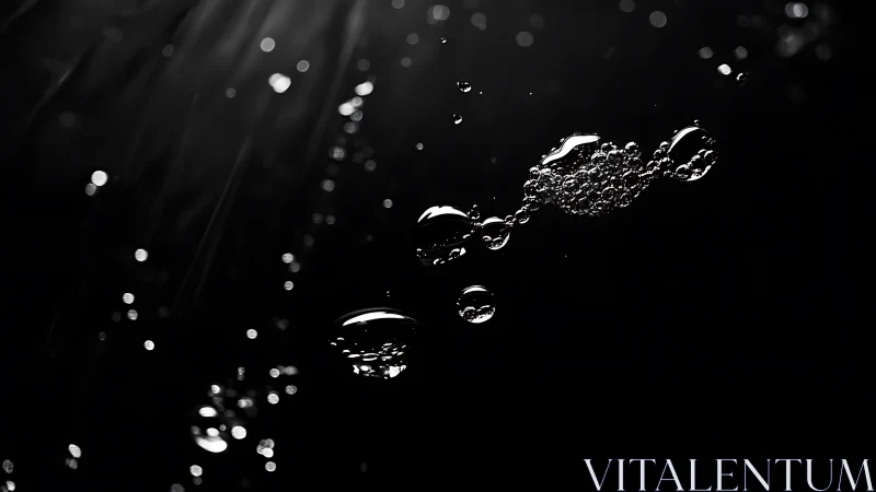 Monochrome macro captures suspended air bubbles in dark water