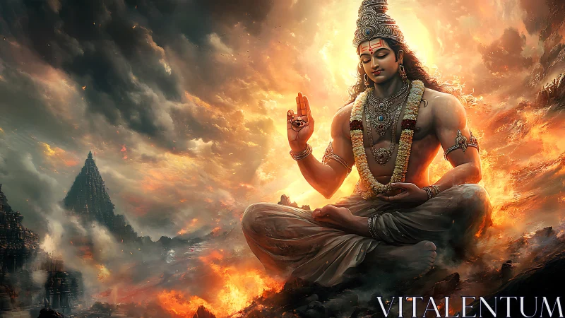 Divine figure in meditative asana amid incendiary storm clouds