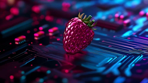 Neon raspberry rests on futuristic motherboard in vivid light