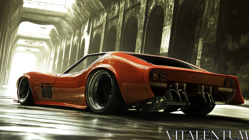 Retro rocket coupe idling in a cathedral of concrete speed.