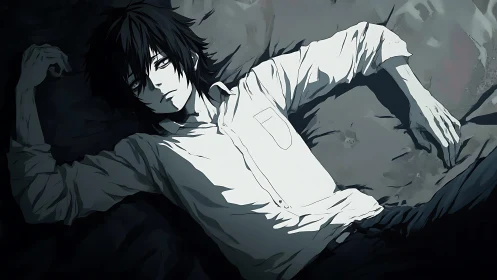 Melancholic anime male reclines in chiaroscuro bedscape