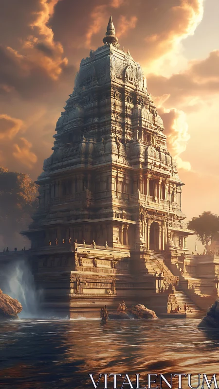 Stone riverside temple tower rises under dramatic sunset sky
