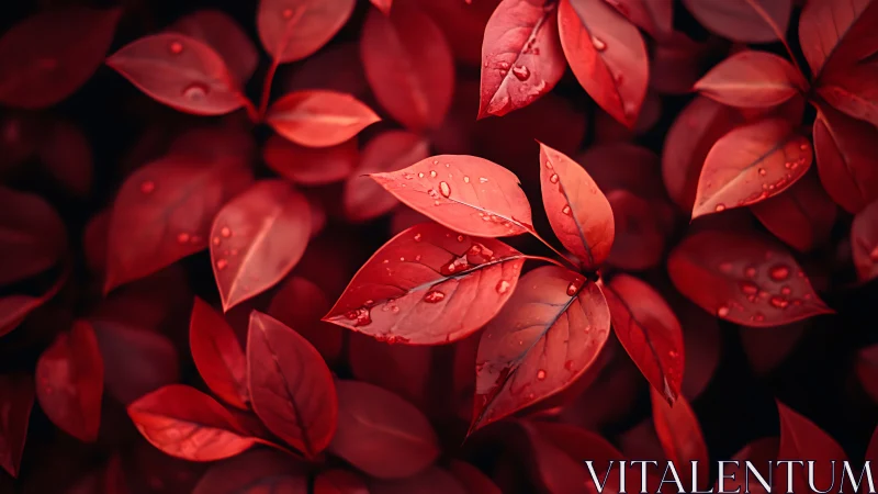 Red leaves with water droplets cover the entire frame