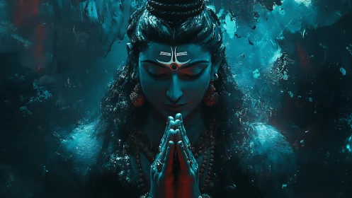 Central blue-toned figure with folded hands is rendered digitally