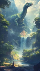 Colossal dinosaur guardian above misty emerald waterfalls.
