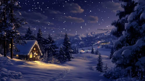 Snow-kissed cabin glow under a sleepy midnight snowfall.