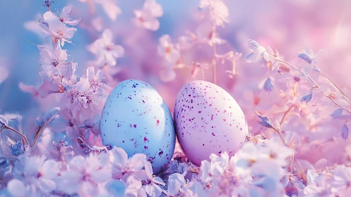Soft pastel eggs nestled in dreamy spring blossoms.