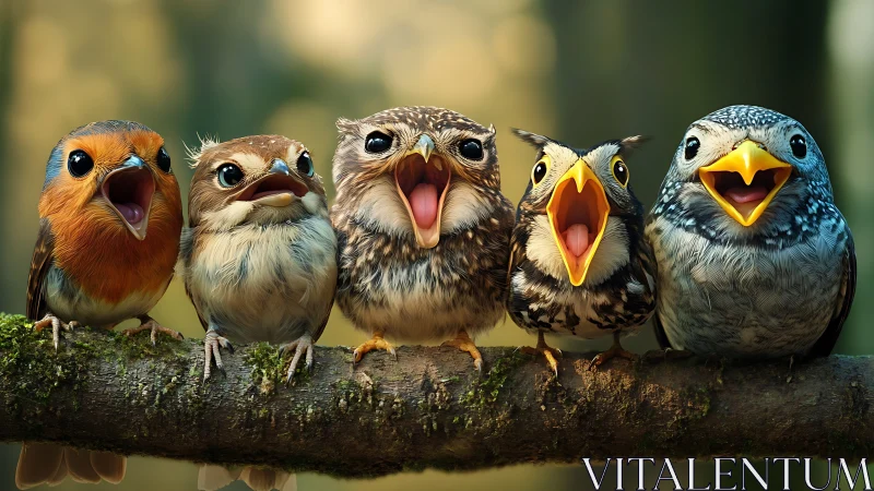 Group of Adorable Cartoon Birds Singing on a Branch, Digital Art.