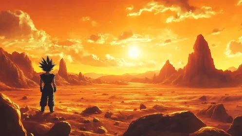 Saiyan warrior surveys blazing extraterrestrial desert horizon.
