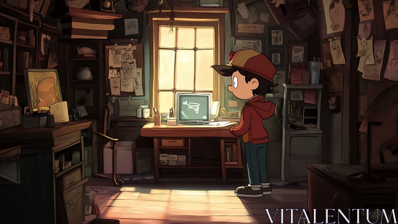 Cartoon boy in dusty attic studio with glowing computer screen.